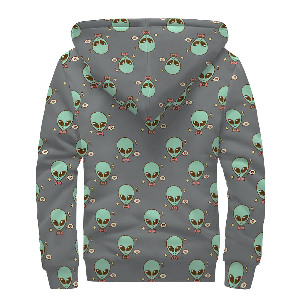 Cute Alien With Bow Tie Print Sherpa Lined Zip Up Hoodie