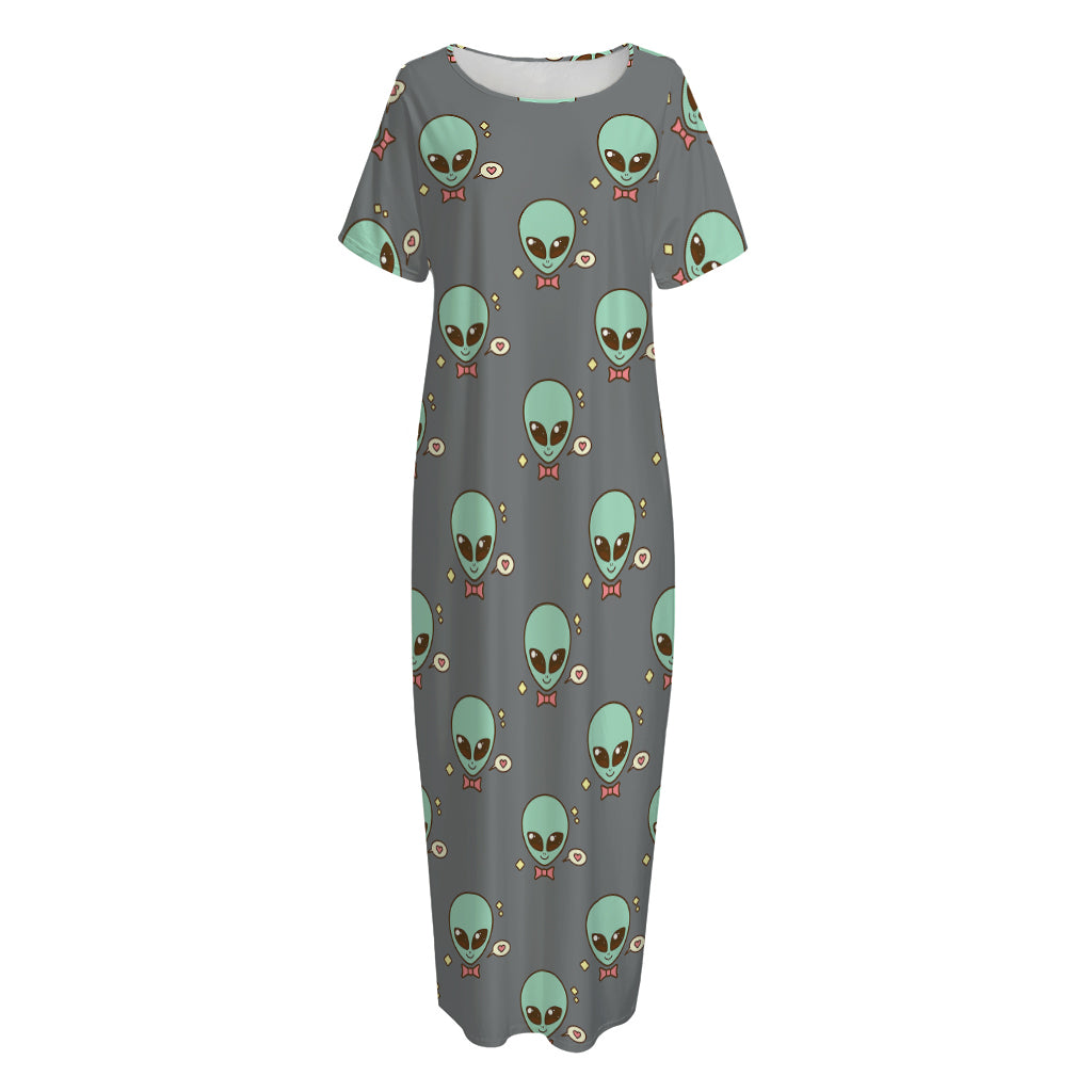 Cute Alien With Bow Tie Print Short Sleeve Long Nightdress