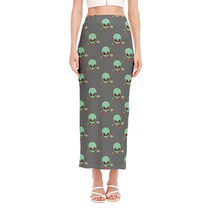 Cute Alien With Bow Tie Print Side Slit Maxi Skirt