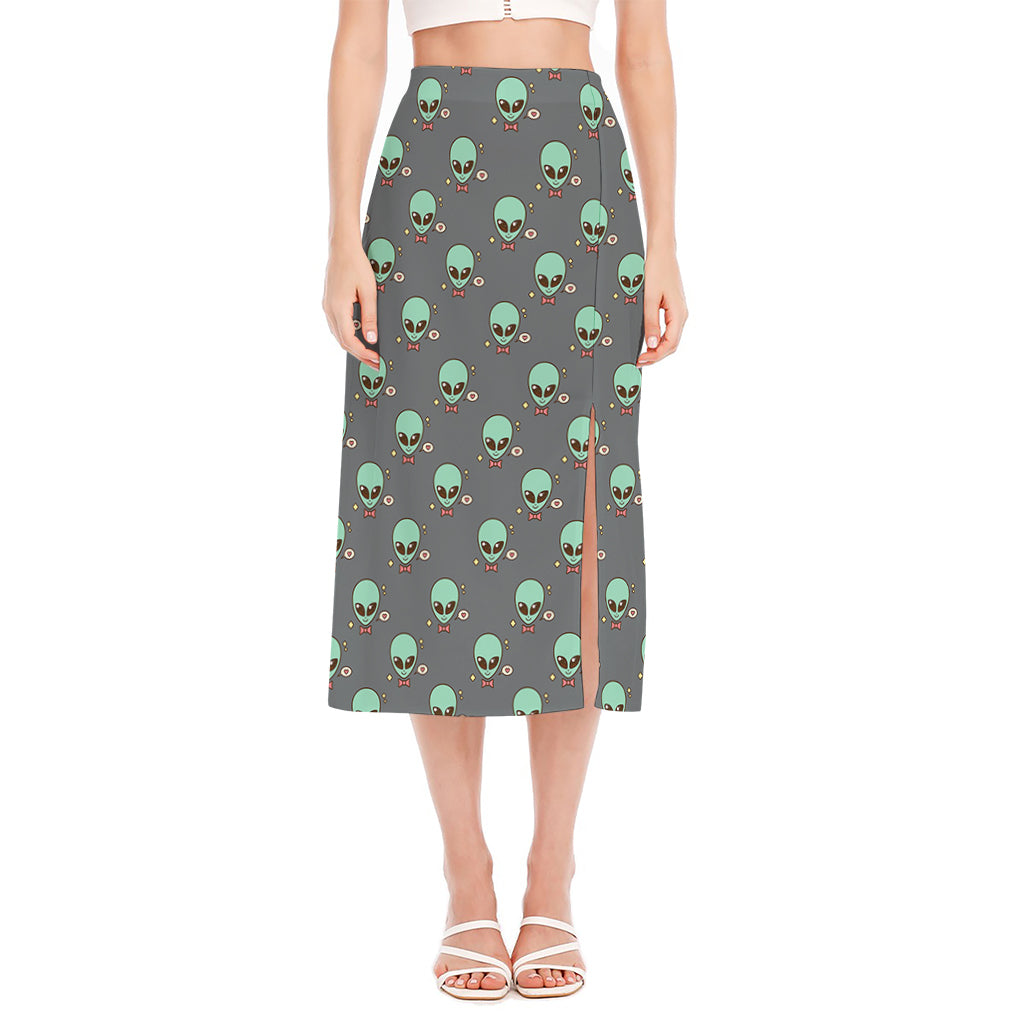 Cute Alien With Bow Tie Print Side Slit Midi Skirt