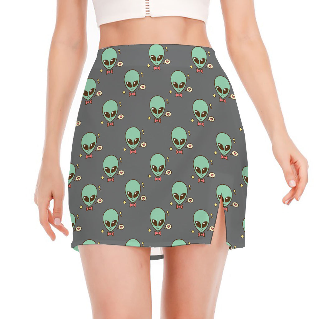 Cute Alien With Bow Tie Print Side Slit Mini Skirt