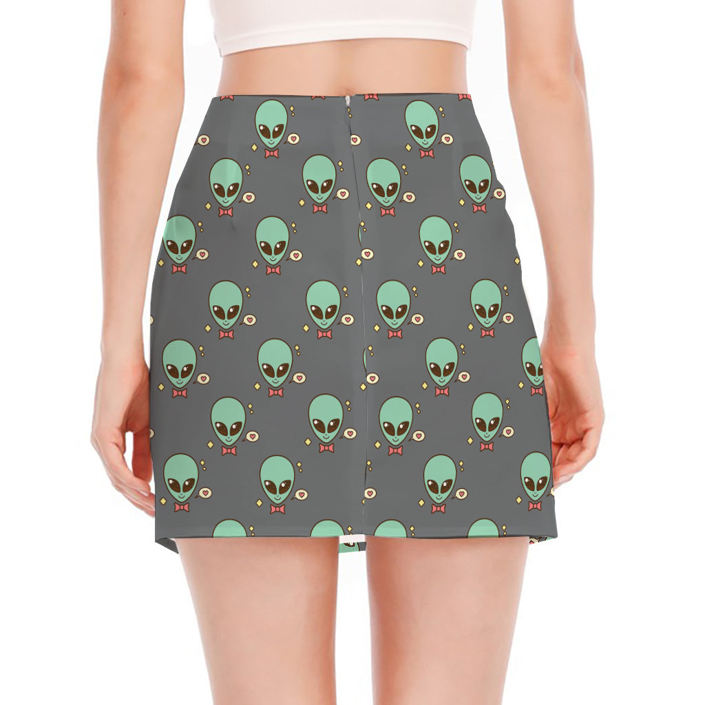 Cute Alien With Bow Tie Print Side Slit Mini Skirt