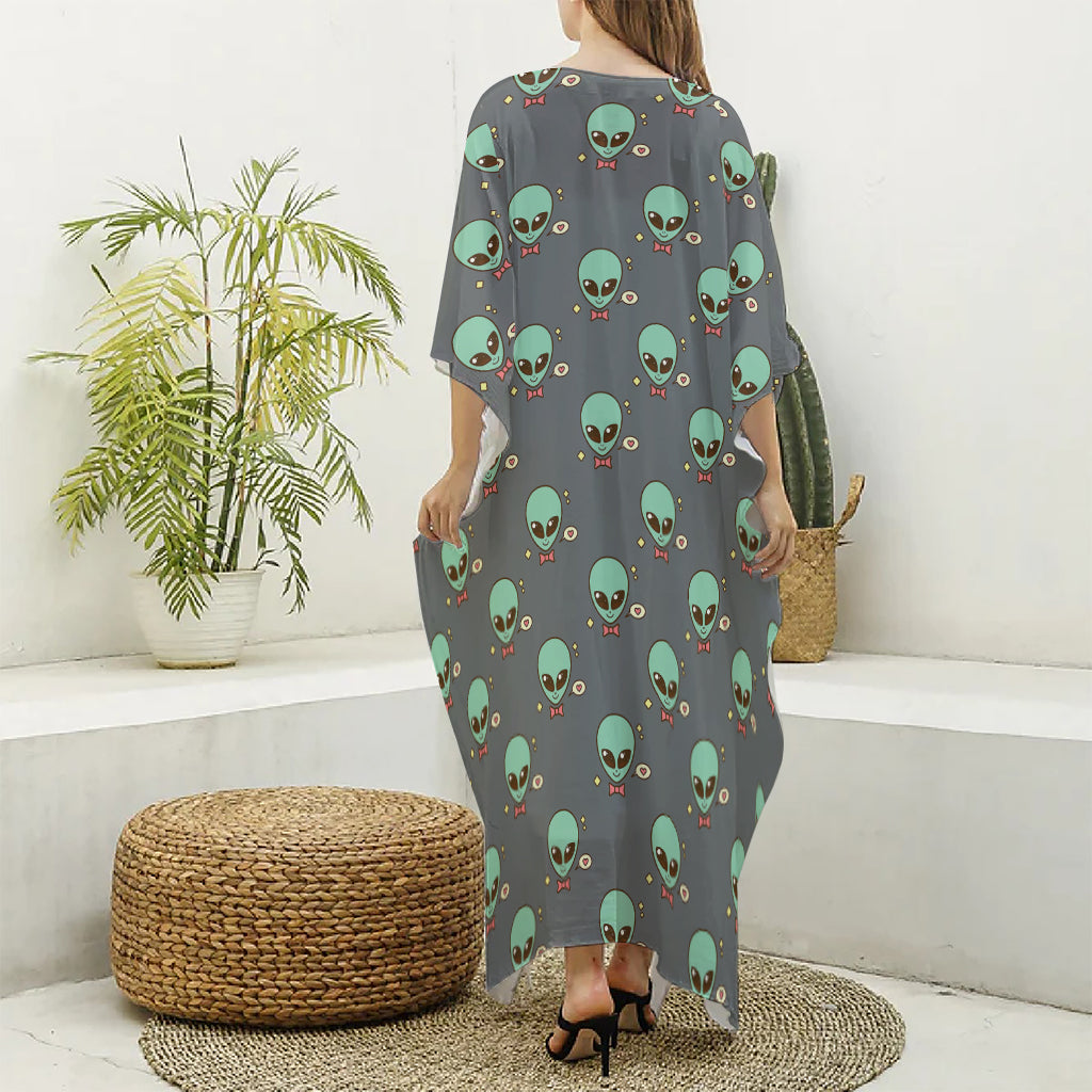 Cute Alien With Bow Tie Print Silk V-Neck Kaftan Dress