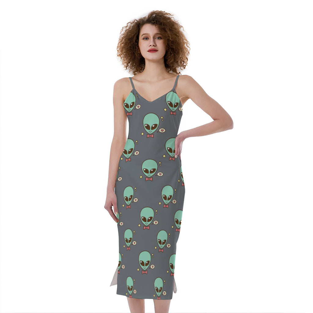 Cute Alien With Bow Tie Print Slim Fit Midi Cami Dress