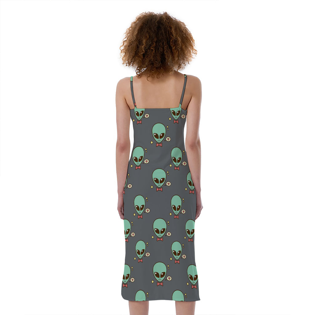 Cute Alien With Bow Tie Print Slim Fit Midi Cami Dress