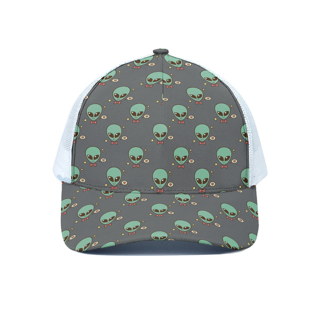Cute Alien With Bow Tie Print White Mesh Trucker Cap