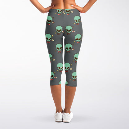 Cute Alien With Bow Tie Print Women's Capri Leggings