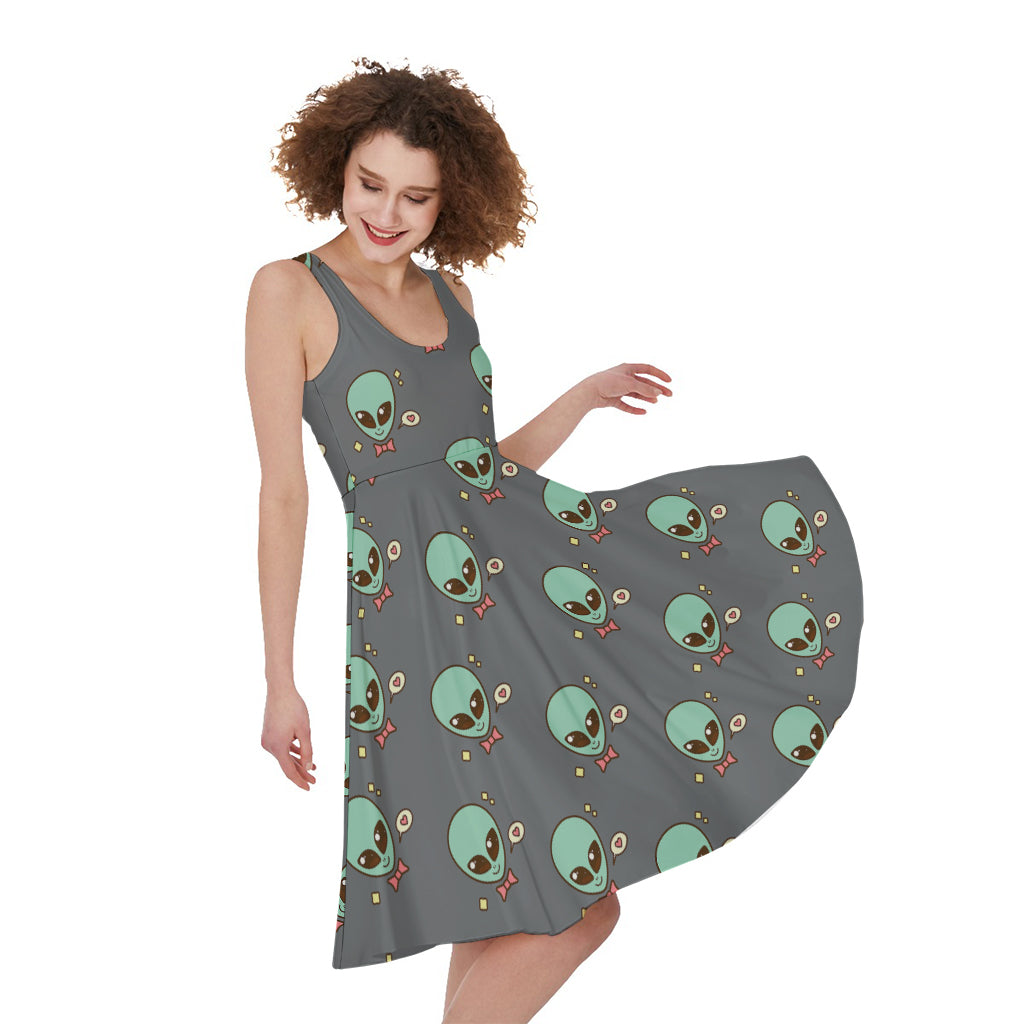 Cute Alien With Bow Tie Print Women's Sleeveless Dress