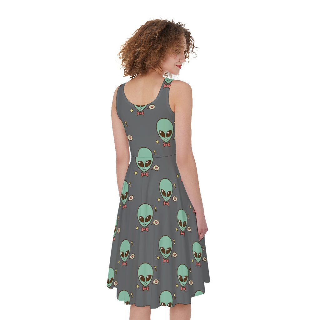 Cute Alien With Bow Tie Print Women's Sleeveless Dress