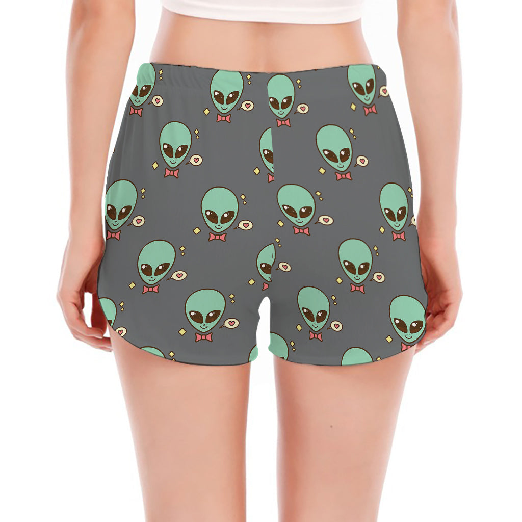 Cute Alien With Bow Tie Print Women's Split Running Shorts