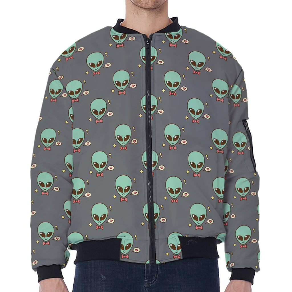 Cute Alien With Bow Tie Print Zip Sleeve Bomber Jacket