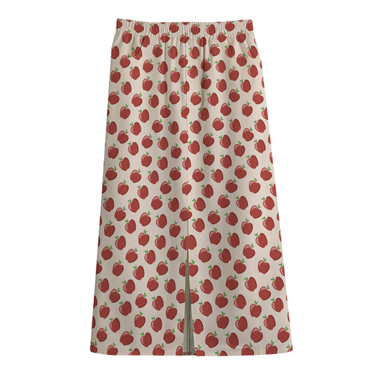 Cute Apple Pattern Print Cotton Front Slit Maxi Skirt