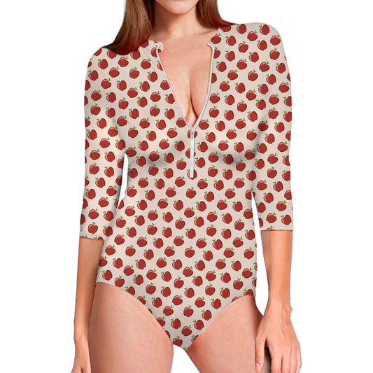 Cute Apple Pattern Print Long Sleeve Swimsuit