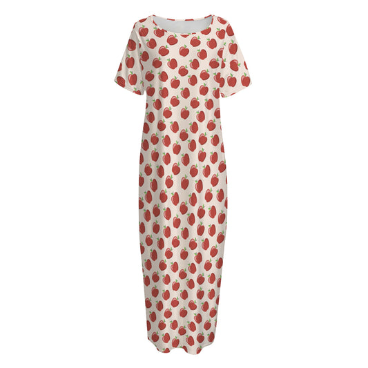 Cute Apple Pattern Print Short Sleeve Long Nightdress