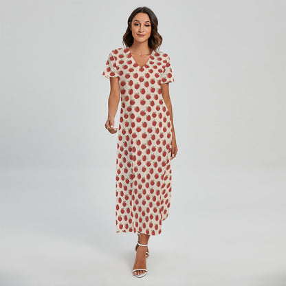 Cute Apple Pattern Print Short Sleeve Maxi Dress