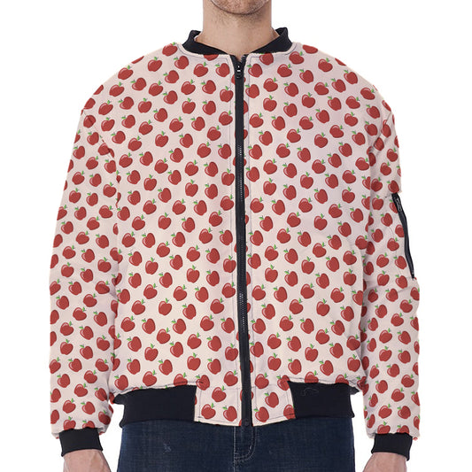 Cute Apple Pattern Print Zip Sleeve Bomber Jacket