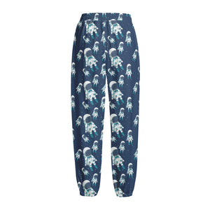 Cute Astronaut Pattern Print Fleece Lined Knit Pants