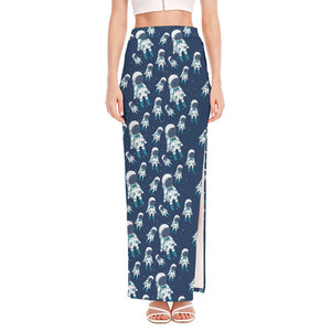 Cute Astronaut Pattern Print High Slit Maxi Skirt