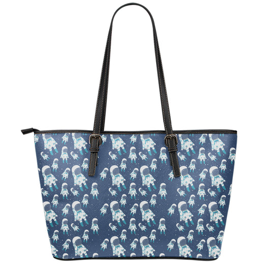 Cute Astronaut Pattern Print Leather Tote Bag