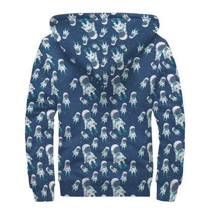 Cute Astronaut Pattern Print Sherpa Lined Zip Up Hoodie