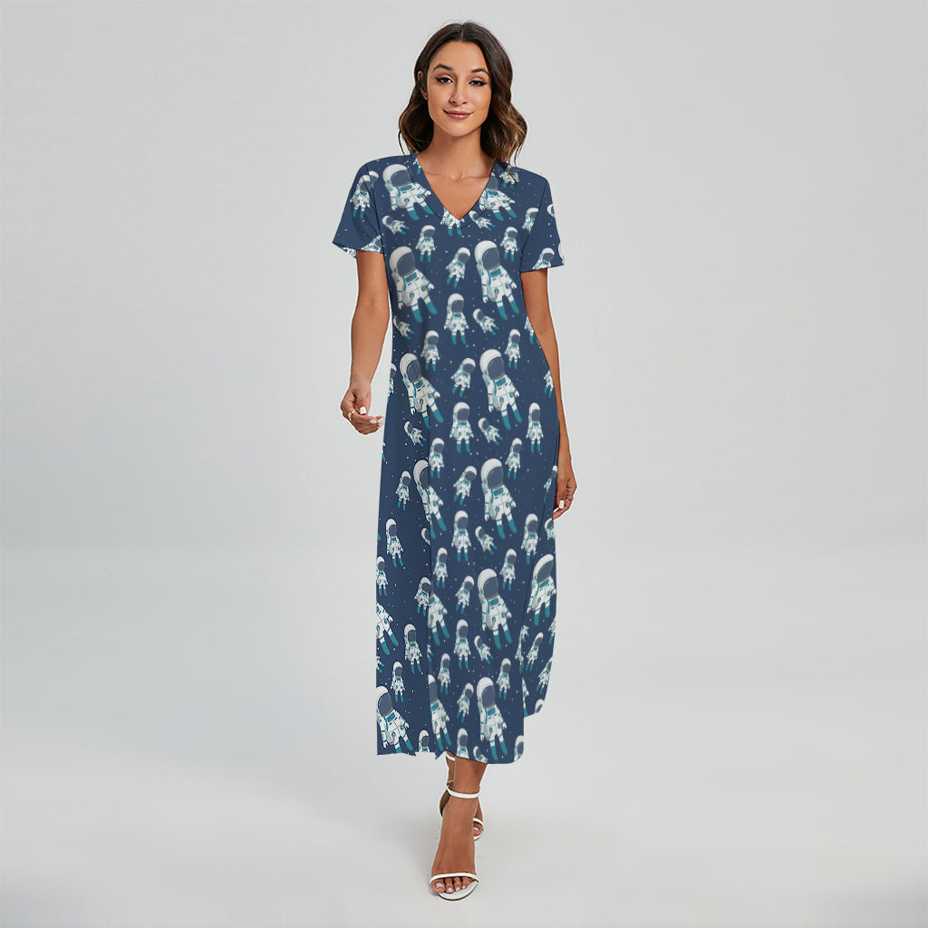 Cute Astronaut Pattern Print Short Sleeve Maxi Dress