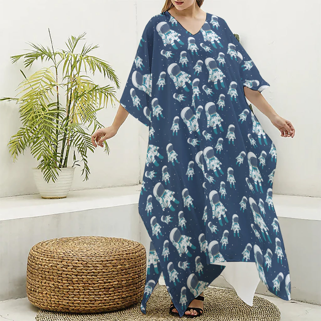 Cute Astronaut Pattern Print Silk V-Neck Kaftan Dress