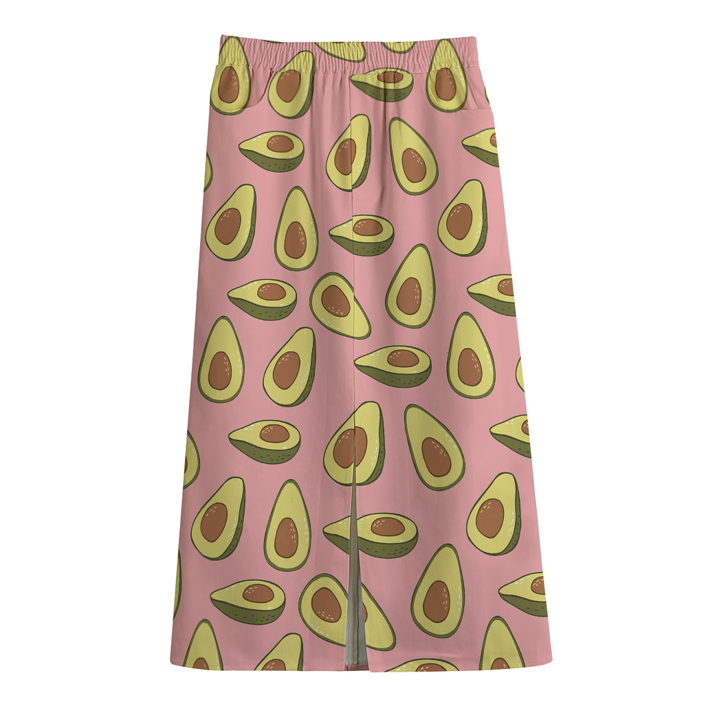 Cute Avocado Pattern Print Cotton Front Slit Maxi Skirt