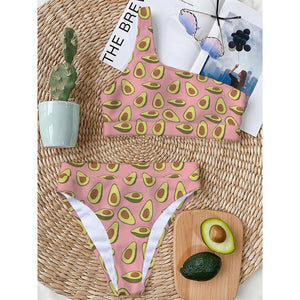 Cute Avocado Pattern Print One Shoulder Bikini Top