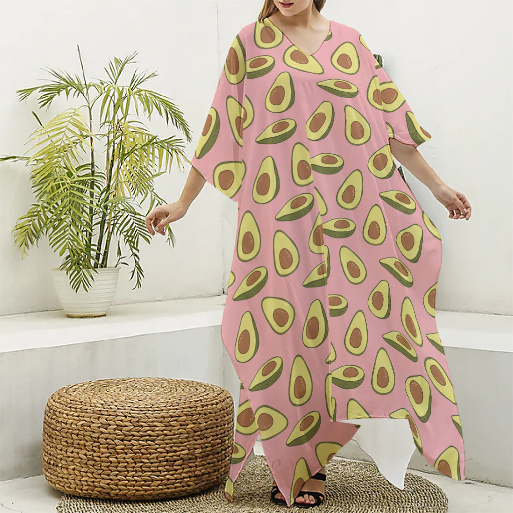 Cute Avocado Pattern Print Silk V-Neck Kaftan Dress