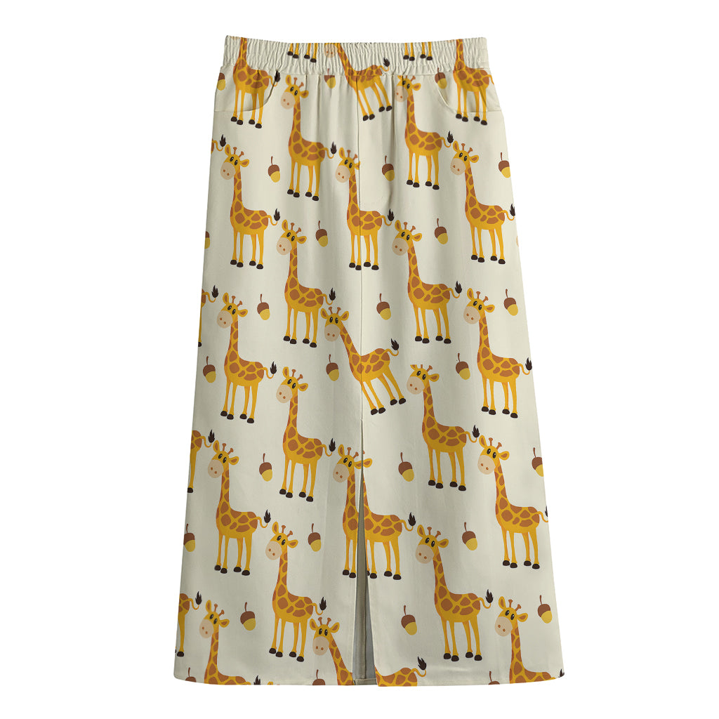 Cute Baby Giraffe Pattern Print Cotton Front Slit Maxi Skirt