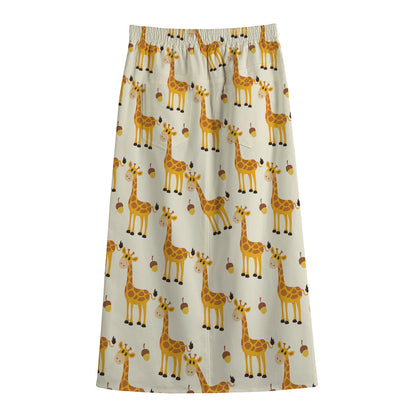 Cute Baby Giraffe Pattern Print Cotton Front Slit Maxi Skirt