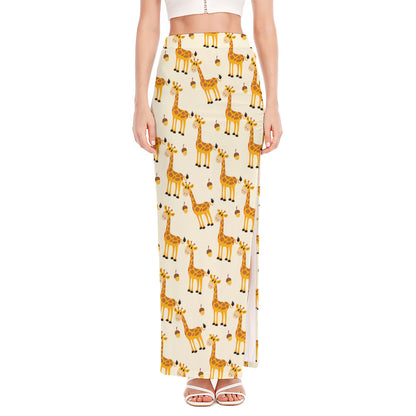 Cute Baby Giraffe Pattern Print High Slit Maxi Skirt