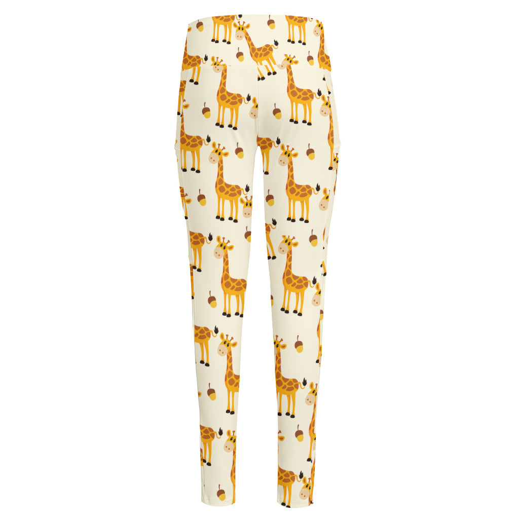 Cute Baby Giraffe Pattern Print High-Waisted Pocket Leggings