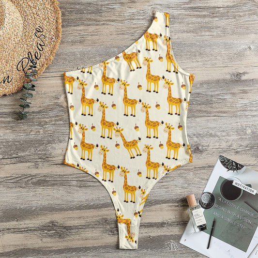 Cute Baby Giraffe Pattern Print One Shoulder Bodysuit