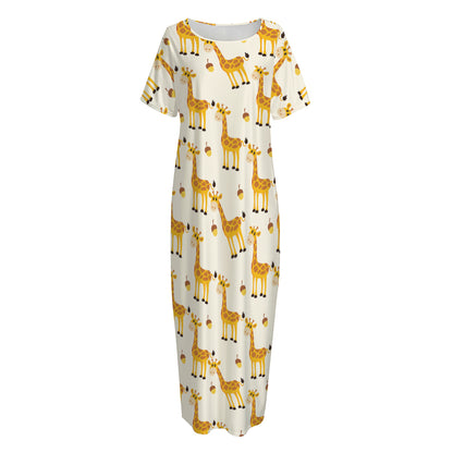Cute Baby Giraffe Pattern Print Short Sleeve Long Nightdress