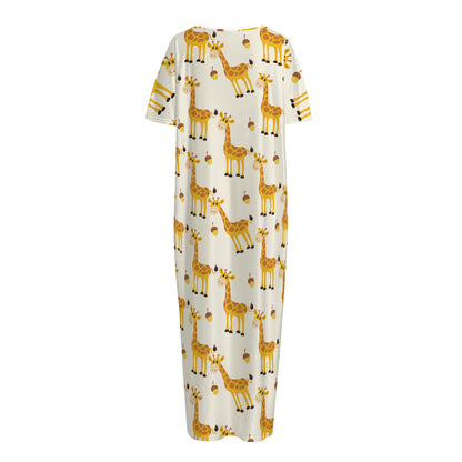 Cute Baby Giraffe Pattern Print Short Sleeve Long Nightdress