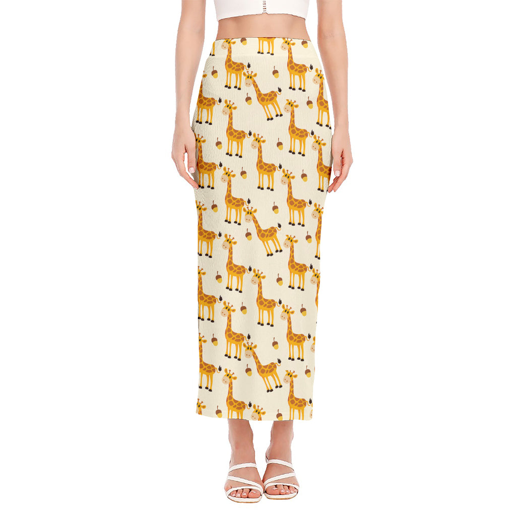 Cute Baby Giraffe Pattern Print Side Slit Maxi Skirt