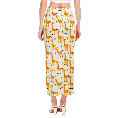 Cute Baby Giraffe Pattern Print Side Slit Maxi Skirt