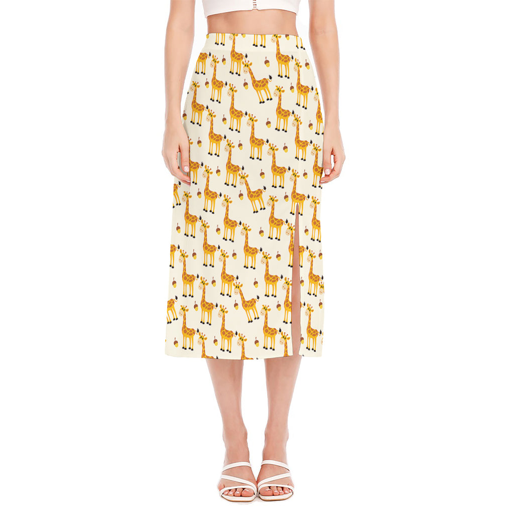Cute Baby Giraffe Pattern Print Side Slit Midi Skirt