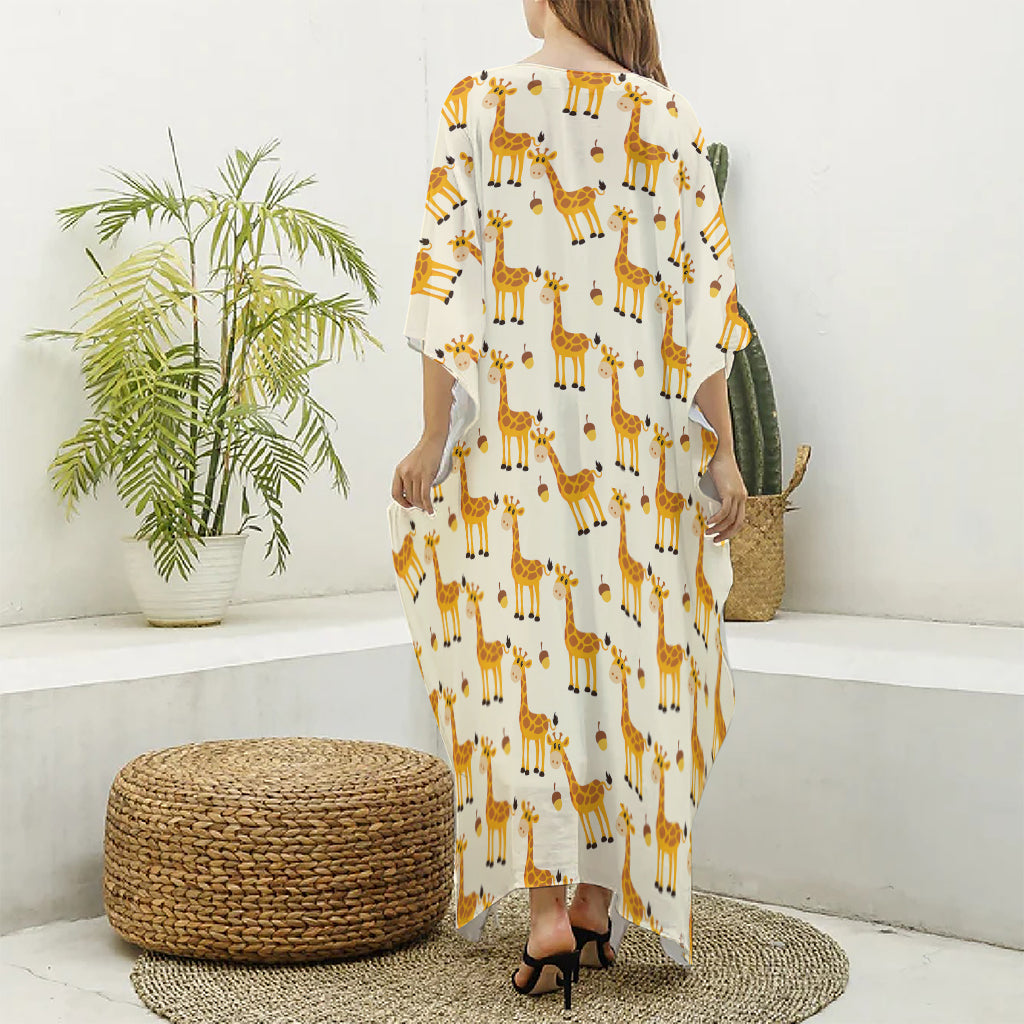 Cute Baby Giraffe Pattern Print Silk V-Neck Kaftan Dress