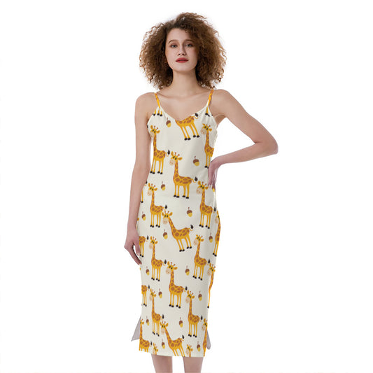 Cute Baby Giraffe Pattern Print Slim Fit Midi Cami Dress