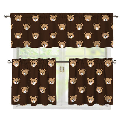 Cute Baby Grizzly Bear Pattern Print 3 Piece Kitchen Curtains