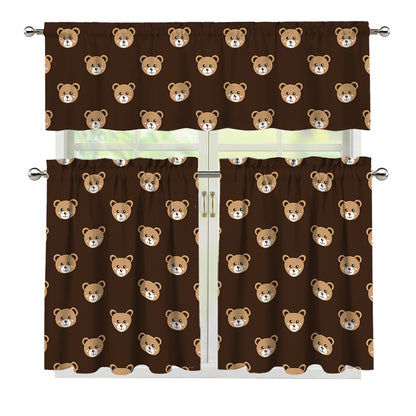Cute Baby Grizzly Bear Pattern Print 3 Piece Kitchen Curtains