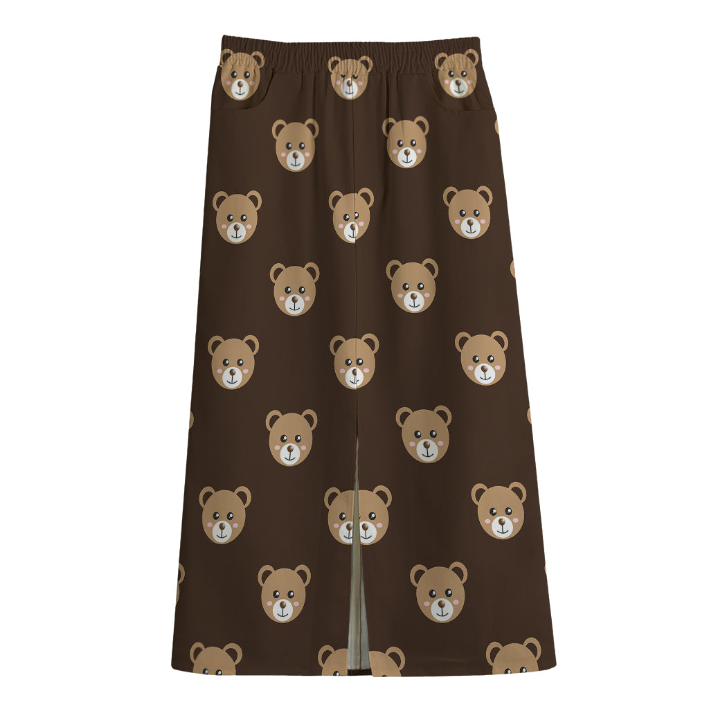 Cute Baby Grizzly Bear Pattern Print Cotton Front Slit Maxi Skirt