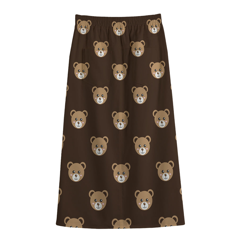 Cute Baby Grizzly Bear Pattern Print Cotton Front Slit Maxi Skirt