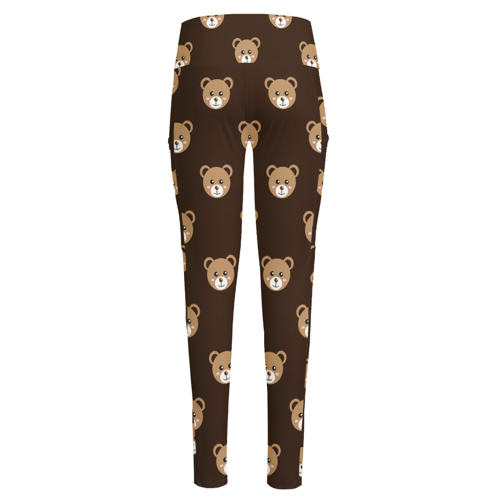 Cute Baby Grizzly Bear Pattern Print High-Waisted Pocket Leggings