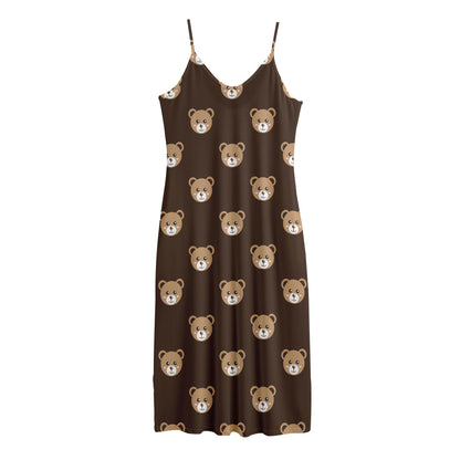 Cute Baby Grizzly Bear Pattern Print Jersey Midi Cami Dress