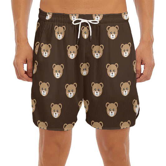 Cute Baby Grizzly Bear Pattern Print Men's Split Running Shorts