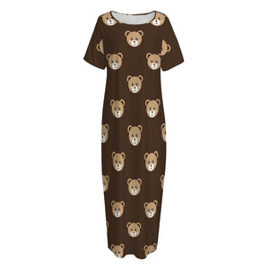 Cute Baby Grizzly Bear Pattern Print Short Sleeve Long Nightdress