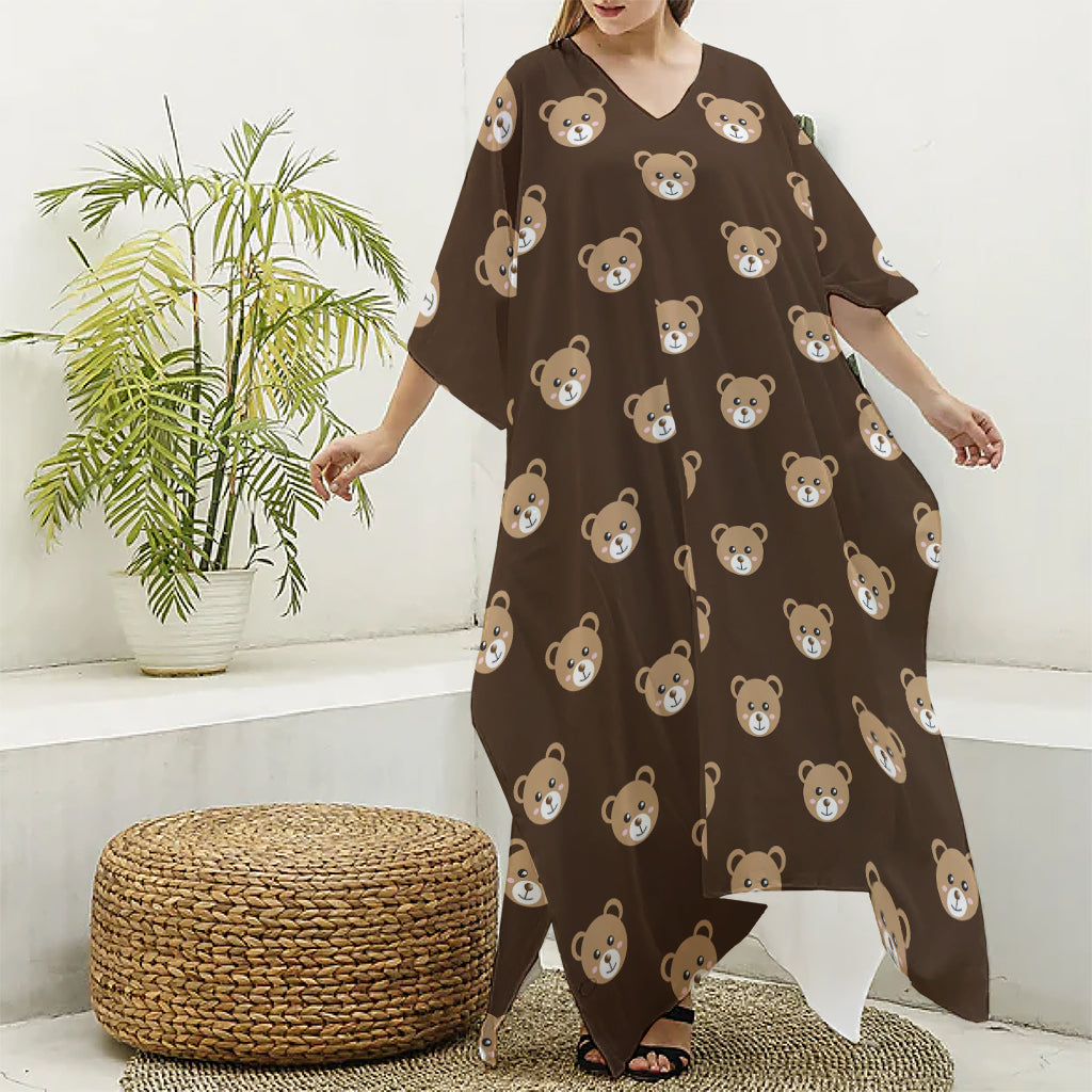 Cute Baby Grizzly Bear Pattern Print Silk V-Neck Kaftan Dress